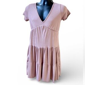 Olivia Rae Rose Pink Tiered Midi Dress V Neck Short Sleeve Boho Small